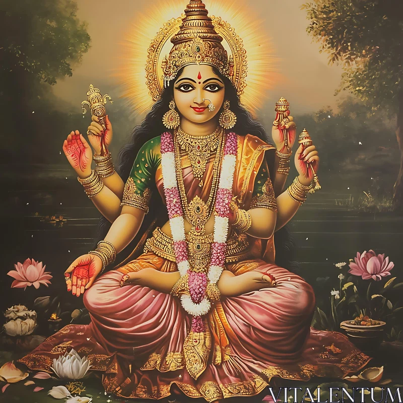 Ornate Hindu Goddess with Multiple Arms and Lotus Flowers AI Image