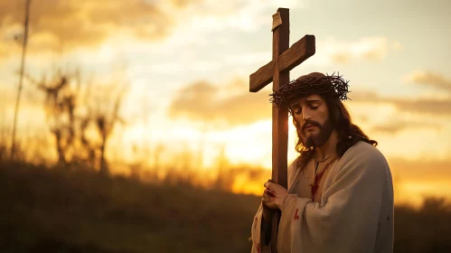 Contemplative Wizard with Cross at Golden Sunset