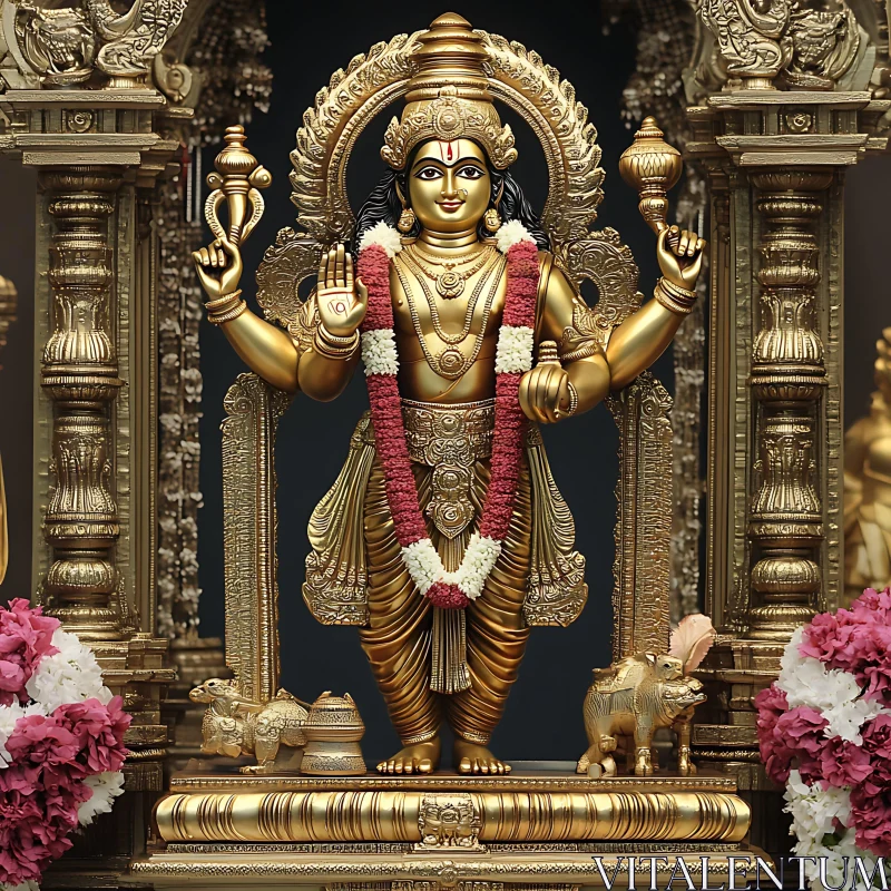 Elaborate Golden Deity Statue with Floral Garland AI Image