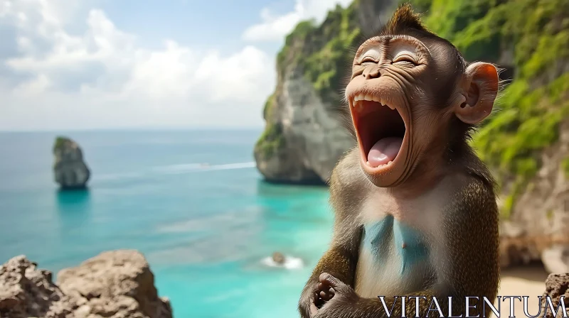 Monkey Mid-Yawn on Scenic Cliff AI Image