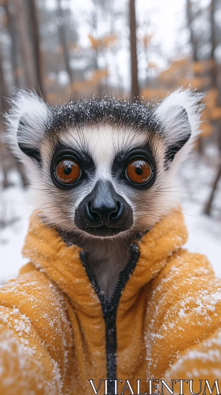 Cute Lemur Wearing Jacket in Snow AI Image