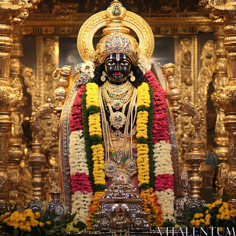 Ornate Hindu Deity with Gold and Flower Garlands AI Image