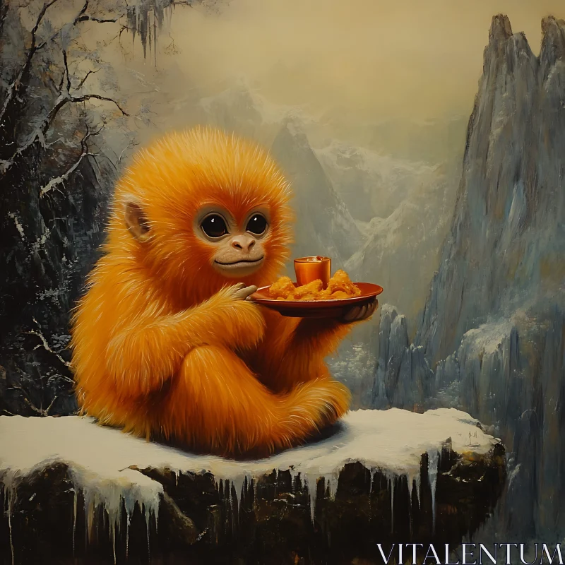 Cute Orange Monkey with Food in Mountain Landscape AI Image