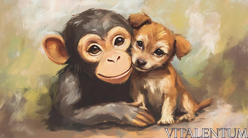 Monkey and Puppy Friendship Art AI Image