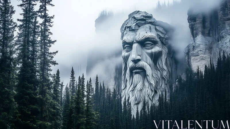 Mystical Bearded Statue in Misty Wilderness AI Image