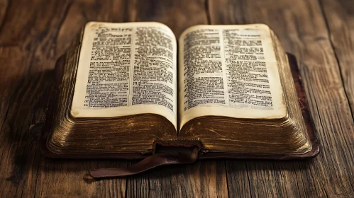 Antique Book Open on Rustic Wooden Surface