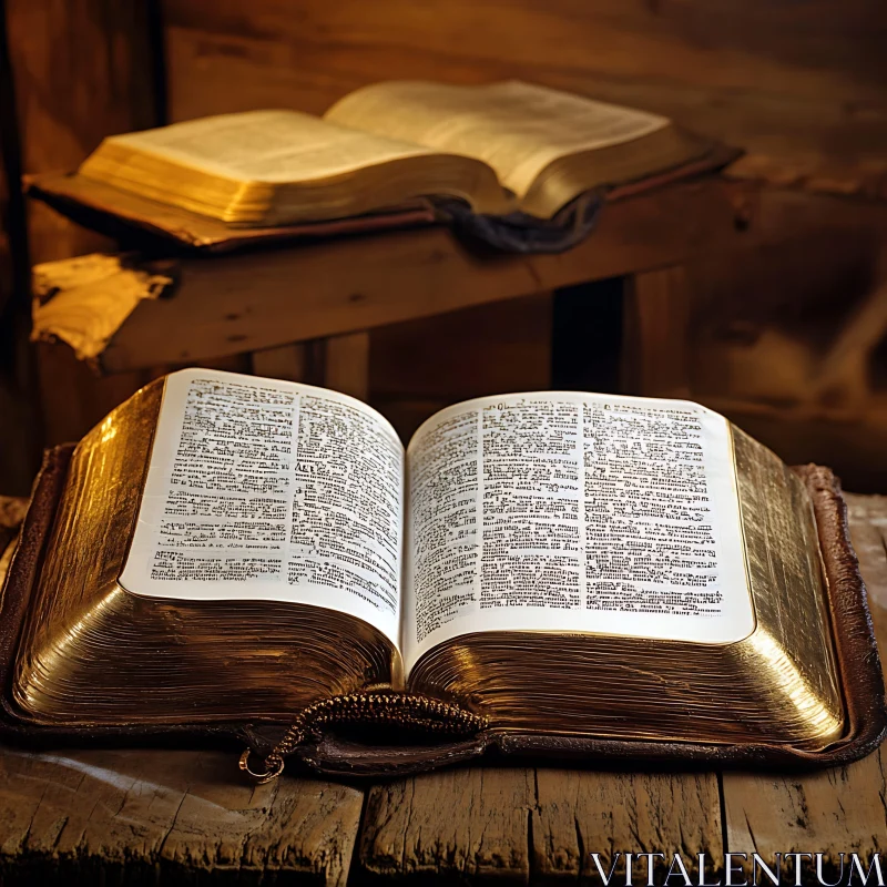 Gilded Bible and Wooden Table AI Image