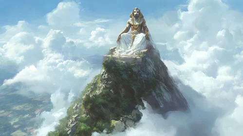 Mystical Mountain Statue in Clouds