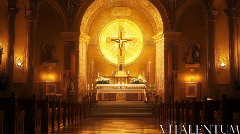 Golden Lit Church with Intricate Altar Design AI Image