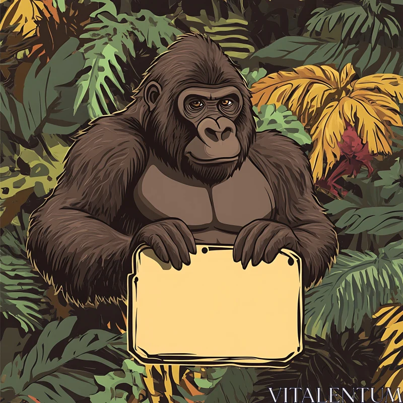 Gorilla Illustration with Blank Sign in Dense Jungle AI Image