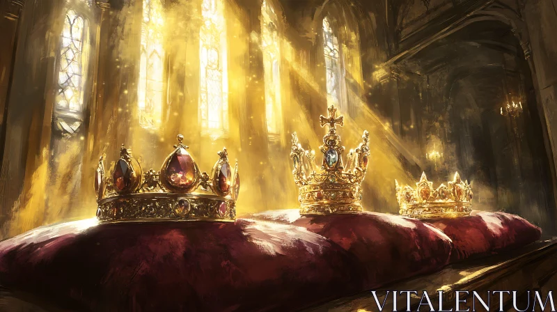 AI ART Three Crowns on Red Pillows in Sunlit Hall