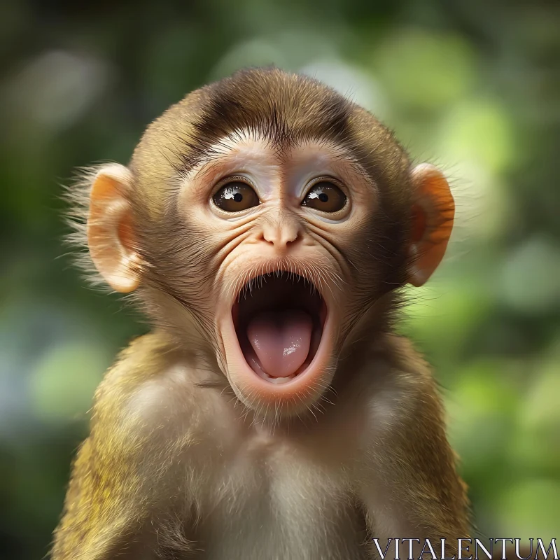 Wide-Eyed Baby Monkey in Greenery AI Image