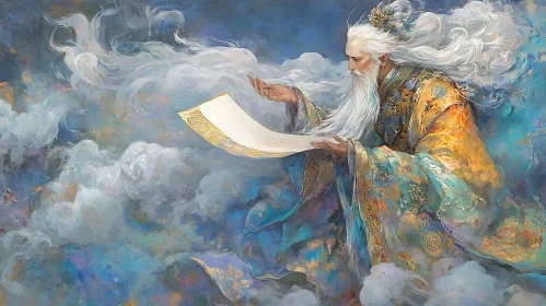 Mystical Wizard in Ornate Robe with Scroll