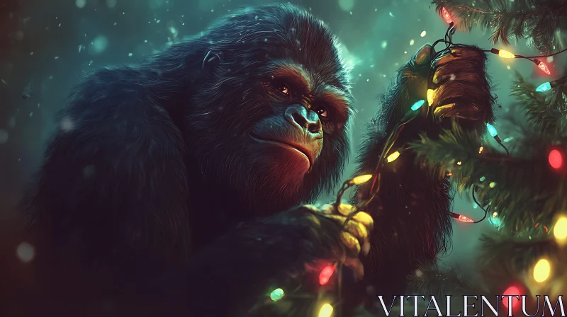 AI ART Gorilla with Christmas Lights in Mystical Forest