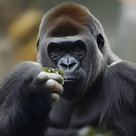 Gorilla Close-Up with Leaves in Hand