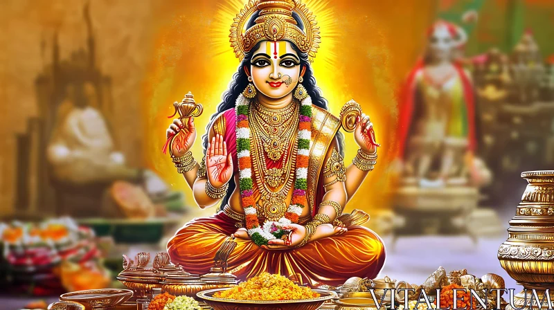 Divine Hindu Deity with Offerings in Vibrant Traditional Attire AI Image