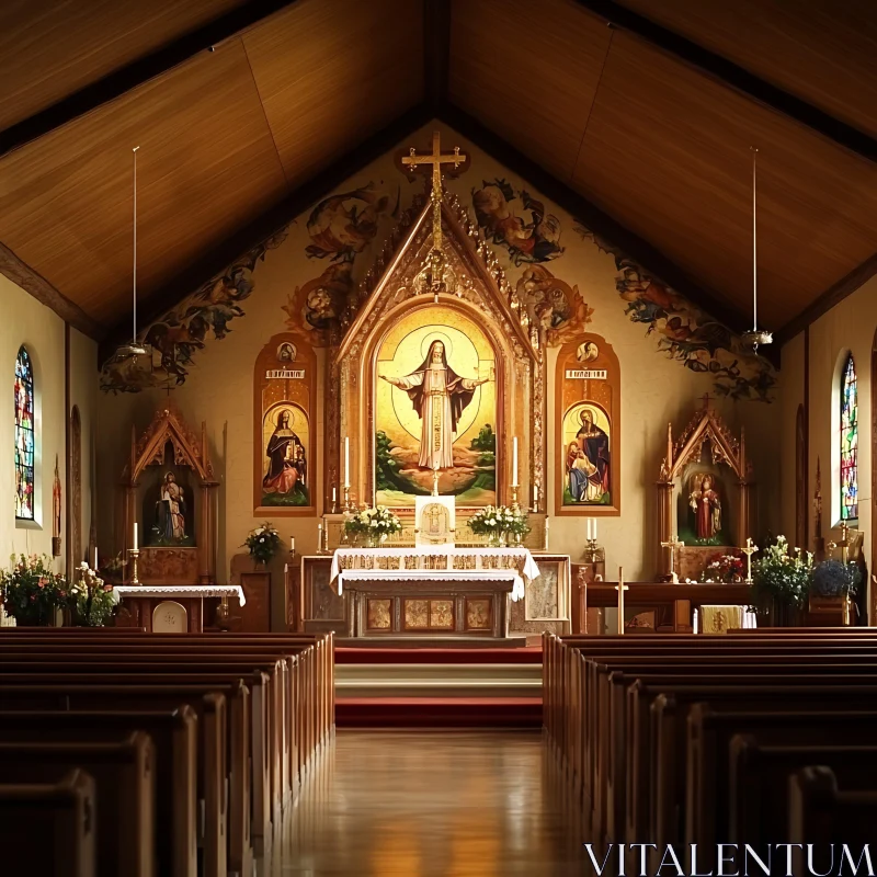 Ornate Church Altar with Stained Glass and Wooden Pews AI Image