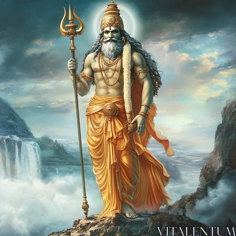 Divine God Holding a Trident Amidst Lush Mountains AI Image