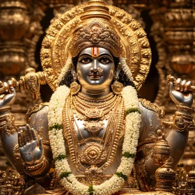 Ornate Deity Statue Adorned with Gold and Flowers