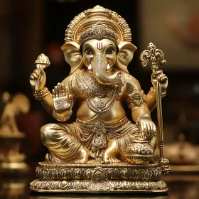 Ornate Golden Ganesha Statue With Intricate Carvings