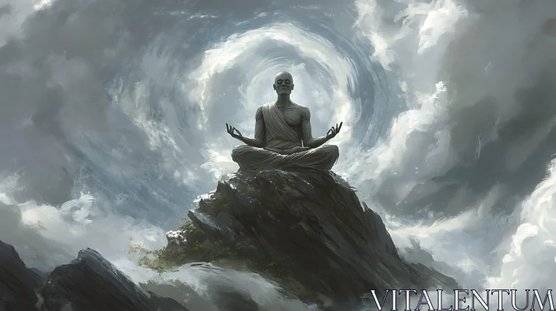 Mystical Monk Meditating in Cloud Swirl AI Image