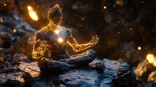 Glowing Humanoid in Rock Meditation