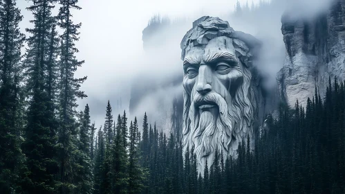 Mystical Bearded Statue in Misty Wilderness