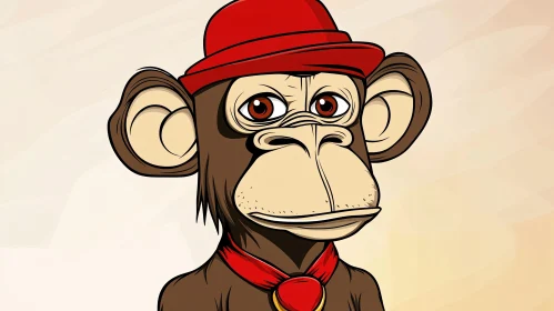 Thoughtful Cartoon Monkey With Red Hat