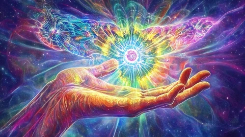 Colorful Hand Embracing Cosmic Light