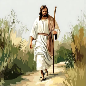 Religious Figure in White Robe Walking through Natural Scenery