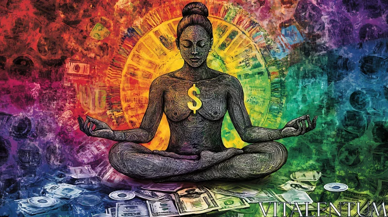 Meditative Figure with Money and Rainbow Background AI Image