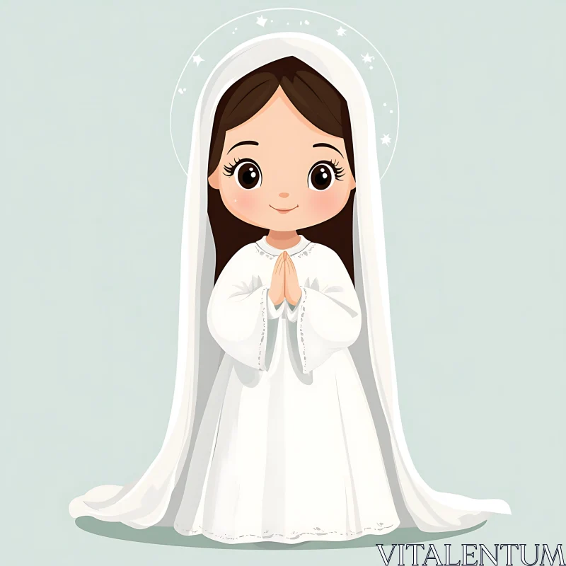 Charming Cartoon Girl in White Attire with Halo in Prayer AI Image