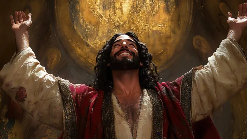 Man in Robes with Raised Arms in Golden Background
