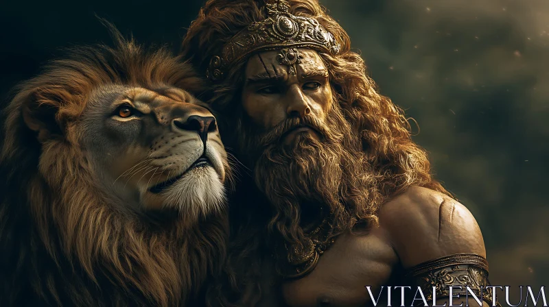 Warrior and Lion Under a Mystical Aura Warrior and Lion Under a Mystical Aura