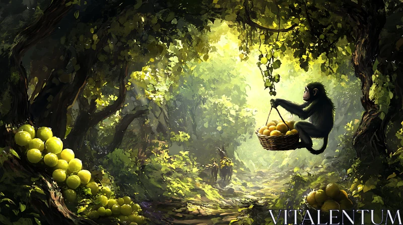 Jungle Scene with Monkey and Fruits
