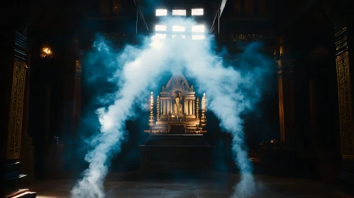 Ancient Temple Bathed in Light and Smoke