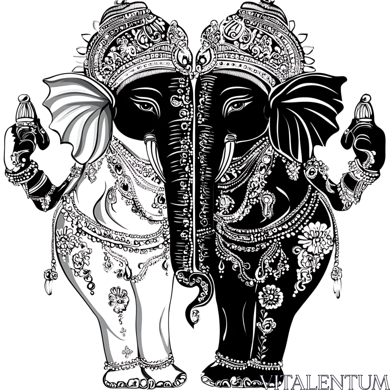 Intricate Elephant Deity Art in Black and White AI Image