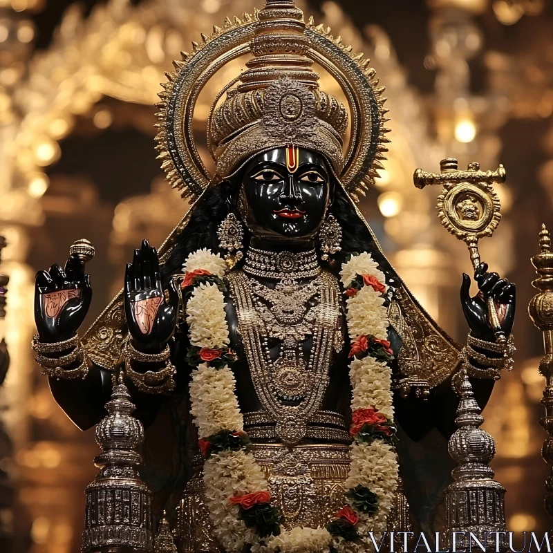 Divine Golden Adorned Statue with Floral Garlands AI Image