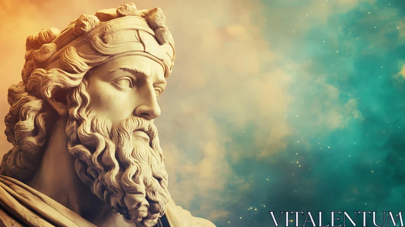 Ancient Bearded Statue Against Vibrant Cloudy Sky AI Image