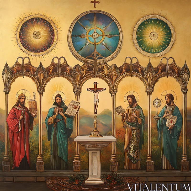 Sacred Iconography of Saints in Religious Mural AI Image