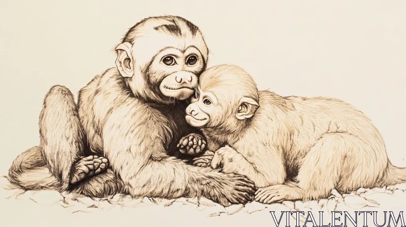 Detailed Sketch of Young Monkeys AI Image