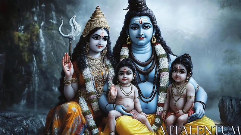 AI ART Sacred Depiction of Shiva's Family in a Mystical Forest