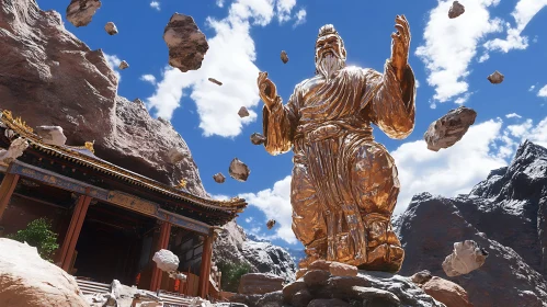 Golden Statue and Ancient Temple amidst Rocky Mountains