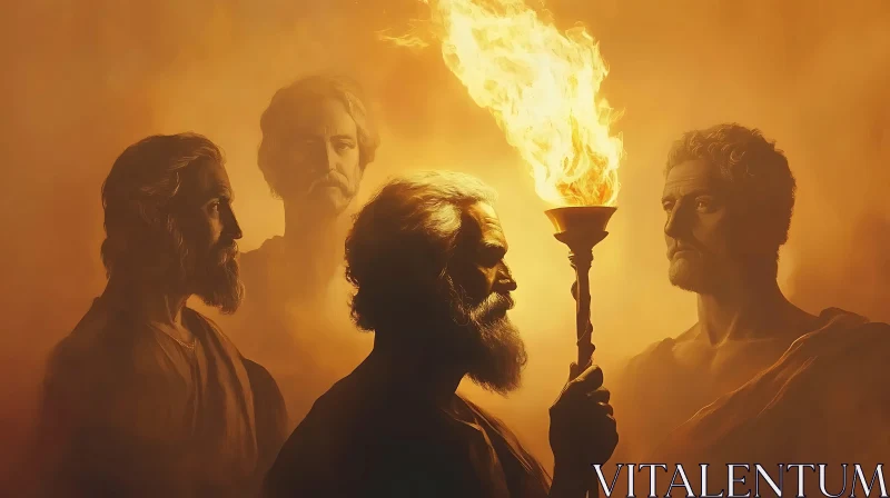 Men in Ancient Attire with a Torch AI Image