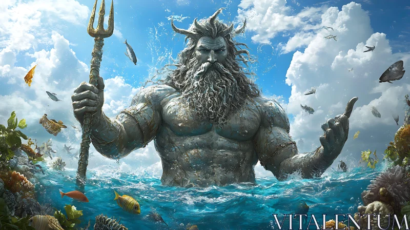 Powerful Sea God Poseidon with Trident in Vibrant Ocean AI Image