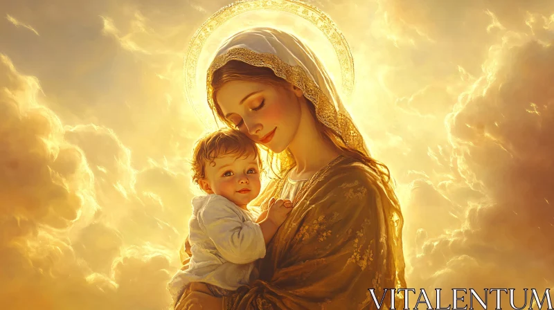 Holy Mother Embracing Child in Radiant Glow AI Image