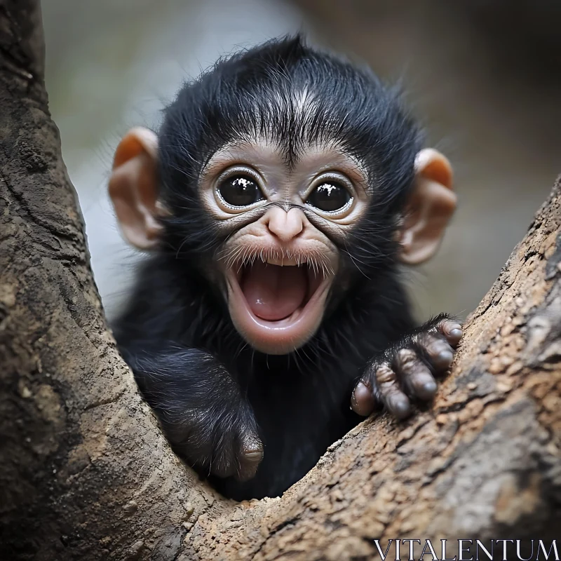 Cute Baby Monkey with Wide Eyes in Nature AI Image