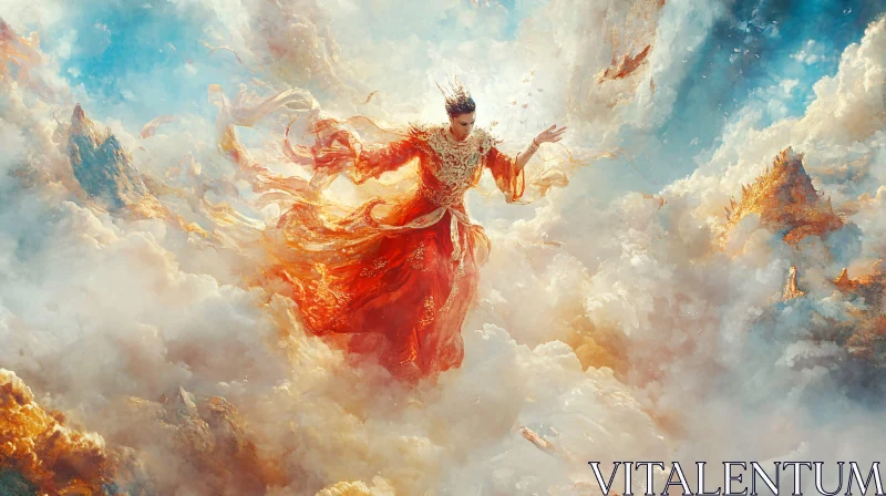 Elegant Figure in Red Dress Floating in Surreal Cloudscape AI Image