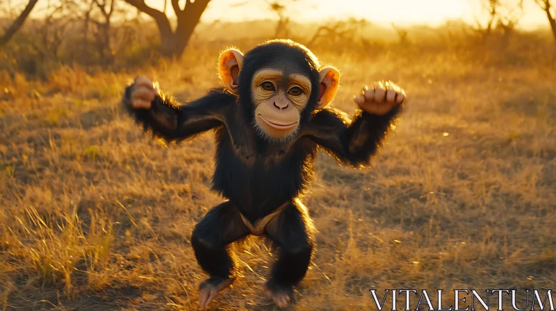 Joyful Chimpanzee Dancing in a Golden Sunset AI Image