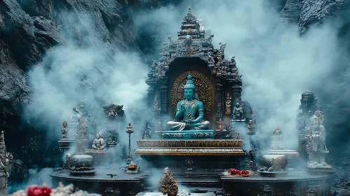 Enchanted Temple Scene with Blue Sacred Statue